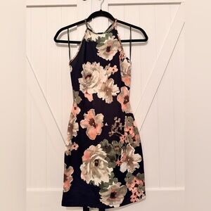 Windsor Black Floral Halter Midi Dress with Peach & Green Blooms